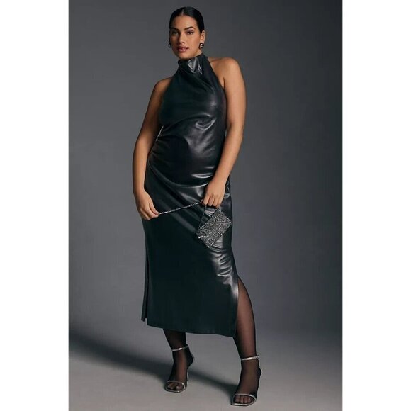 NWT Anthropologie Halter Slim Ruched Midi Dress 3X Silver Cocktail Backless - Picture 2 of 9